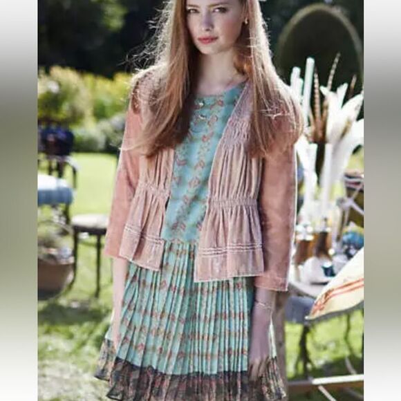 Anthropologie Lavand Minted Meadow Dress Pleated Semi Sheer Fairy Cottage Sz 4 - Picture 2 of 15